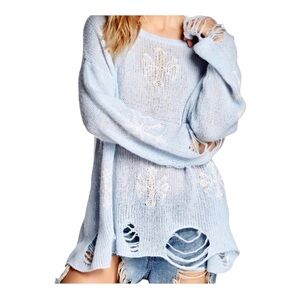 NWT Wildfox Lennon Snowflake Sweater Distressed in Blue White Size Small